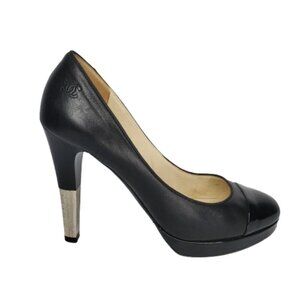 CHANEL Black Leather Platform Cap-Toe Pumps with Silver Heel